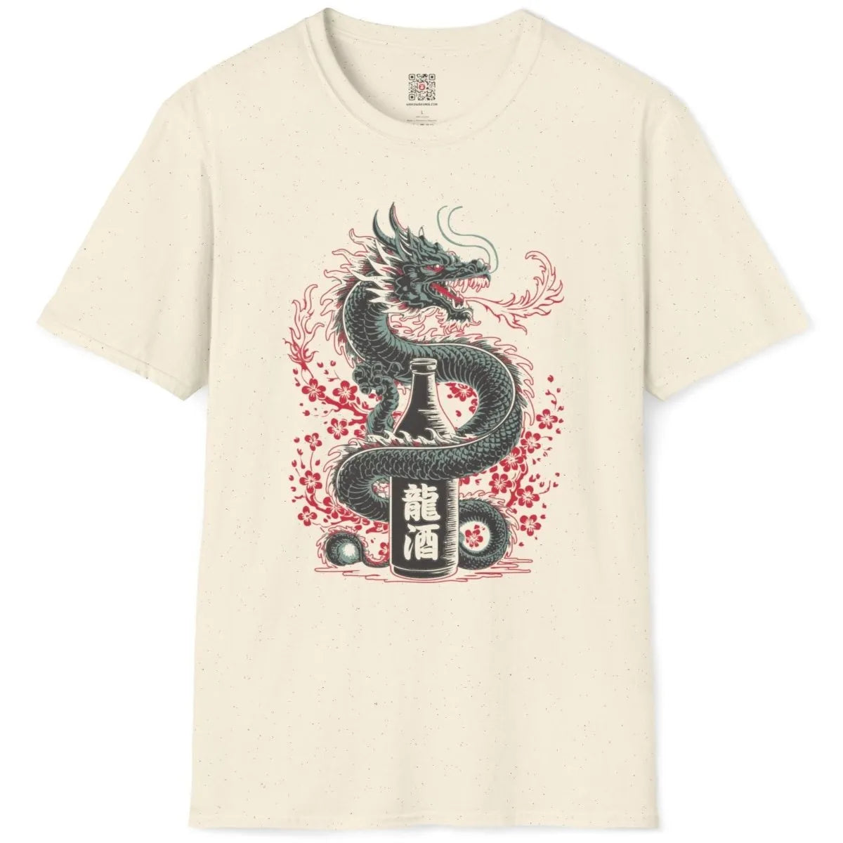 Natural t-shirt flatlay with detailed Japanese dragon, sake bottle, and cherry blossom art.