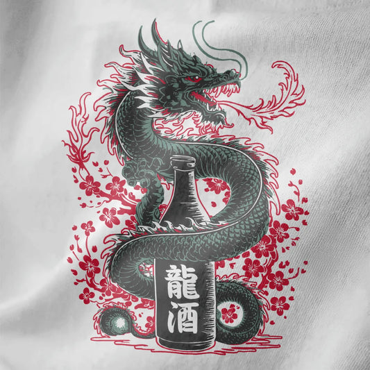 Intricate Japanese dragon and sake bottle design on white fabric, with cherry blossom accents, close-up.