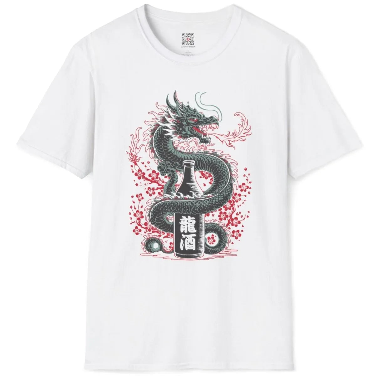 White t-shirt flatlay with traditional Japanese dragon, sake bottle, and vivid cherry blossoms.