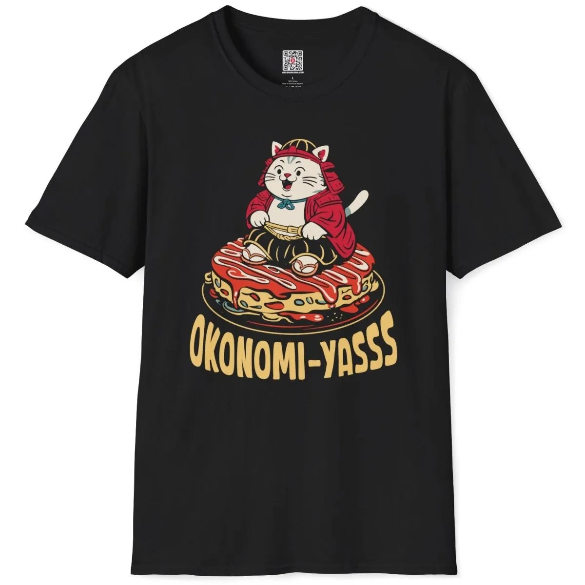Black t-shirt flatlay showing cartoon samurai cat atop okonomiyaki, bold typography below.