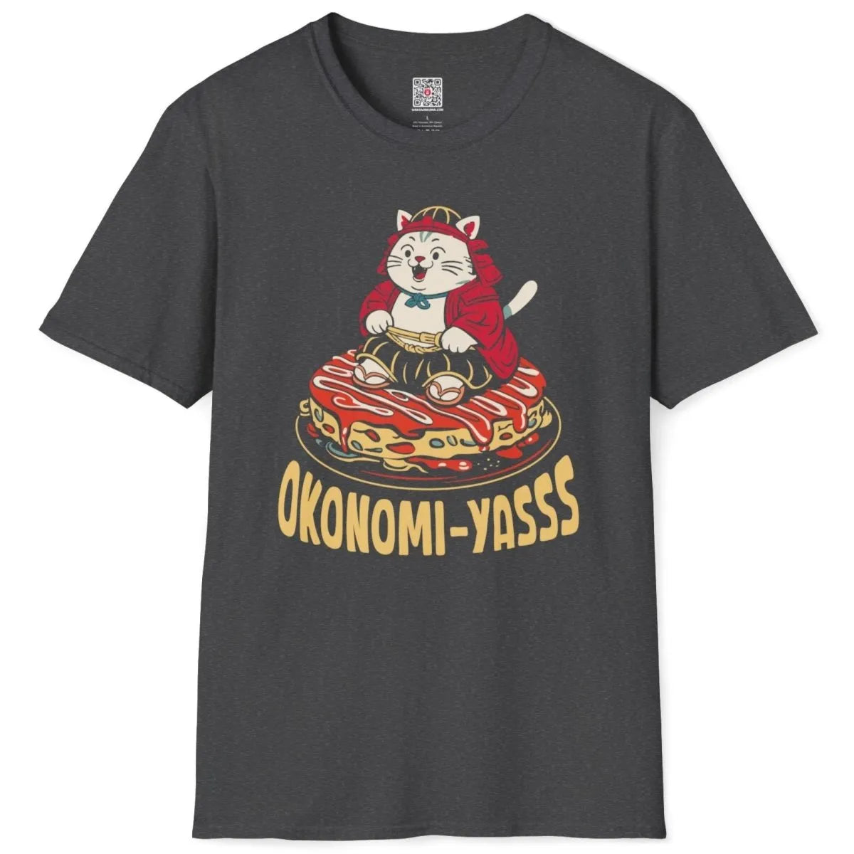 Dark heather t-shirt flatlay, samurai cat on okonomiyaki, cartoonish style, bold colors.