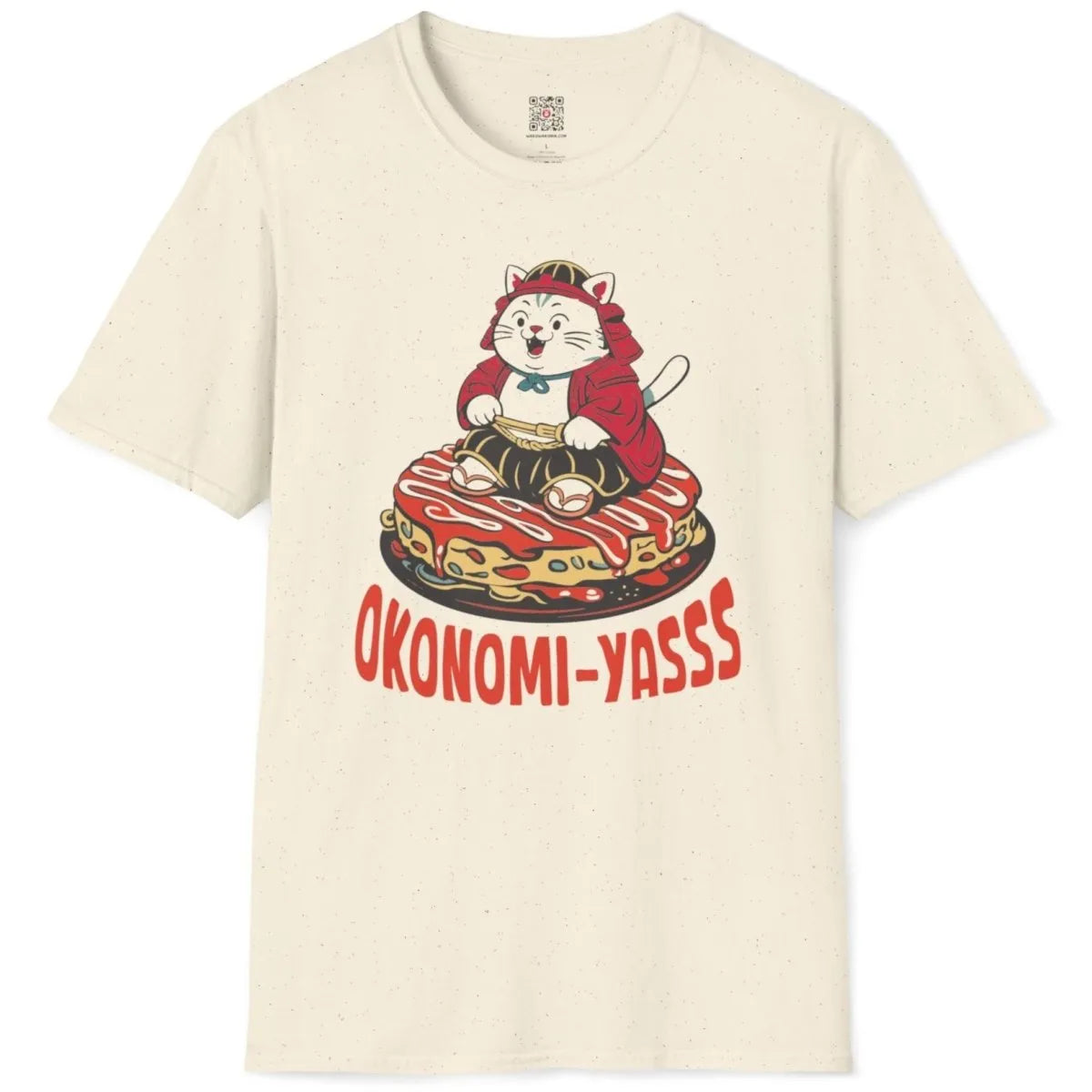 Natural t-shirt flatlay featuring samurai cat, okonomiyaki, and playful Japanese streetwear style.