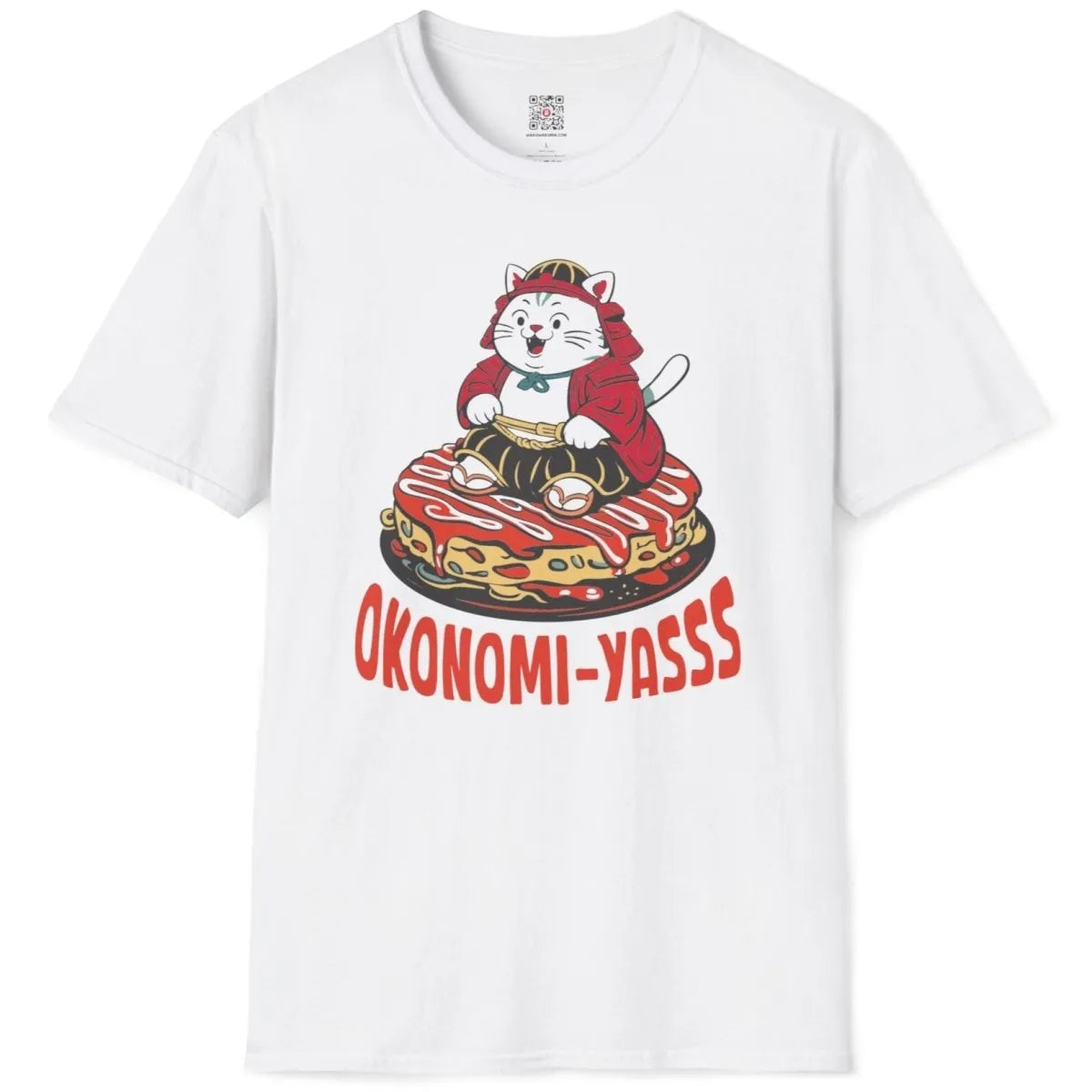 White t-shirt flatlay with joyful samurai cat, okonomiyaki, and red "OKONOMI-YASSS" text.