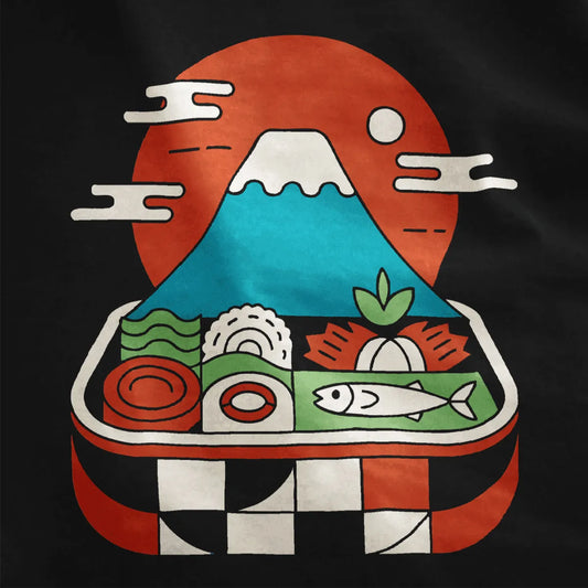 Black fabric close-up of bento box, Mount Fuji, and red sun, traditional Japanese art style.