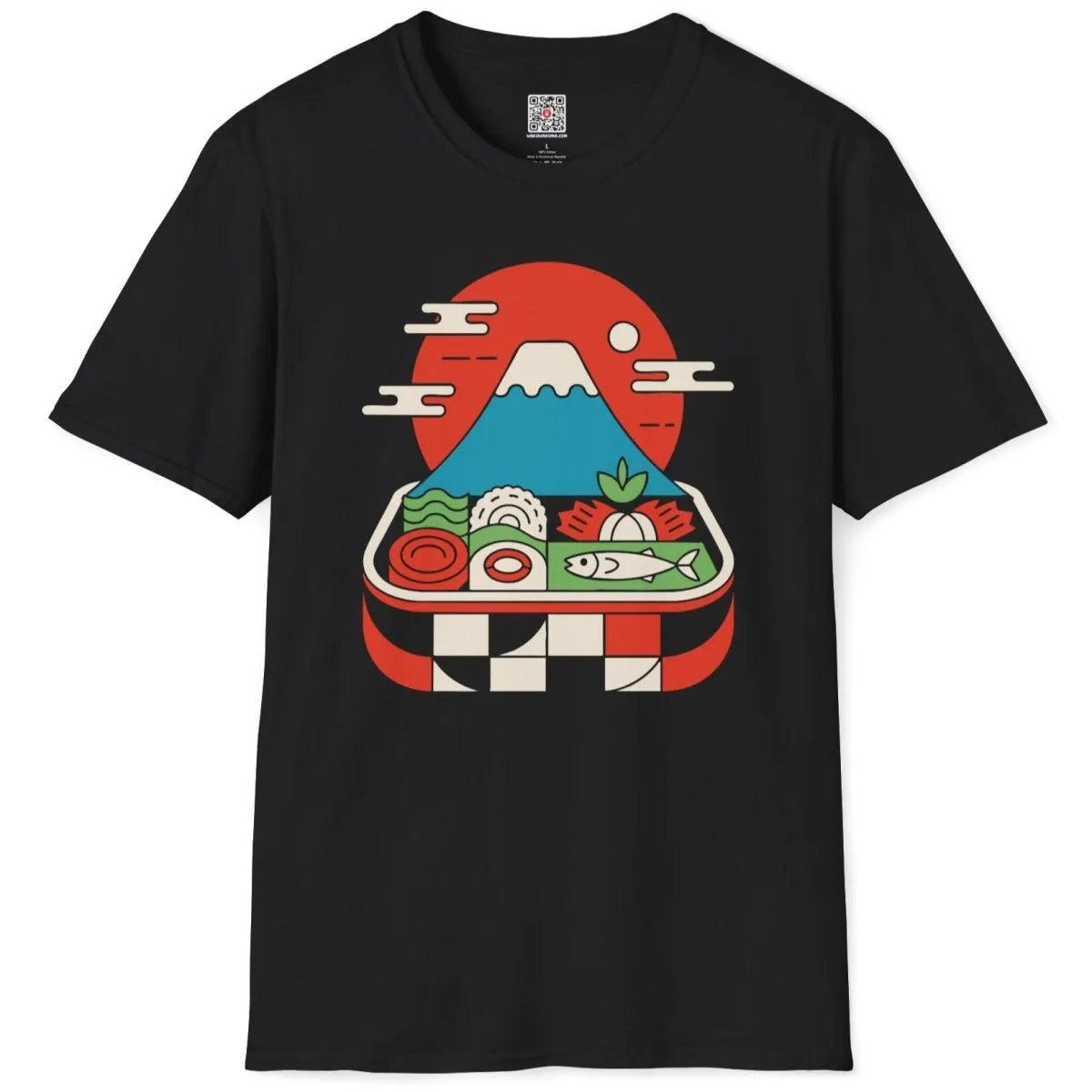 Black t-shirt flatlay featuring bento box, sushi, Mount Fuji, and rising sun motif.