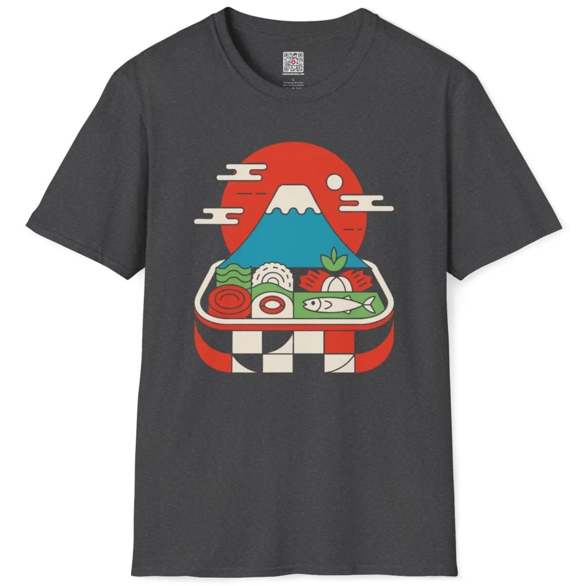 Dark heather t-shirt flatlay, bento box, Mount Fuji, and limited color palette, Japanese t-shirt.