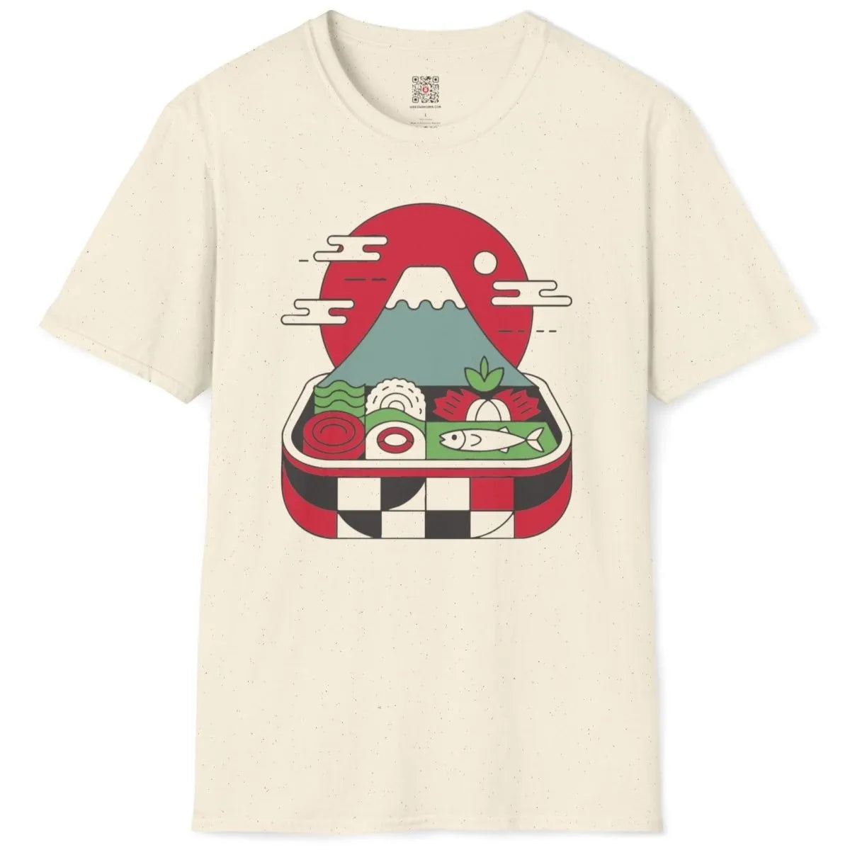 Natural t-shirt flatlay showing bento box, sushi, and Mount Fuji in harmonious Japanese style.