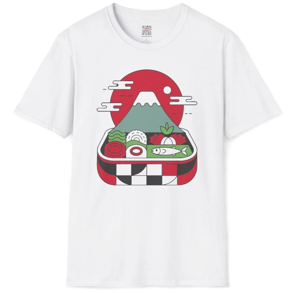 White t-shirt flatlay with Japanese bento box, Mount Fuji, and checkered pattern accents.