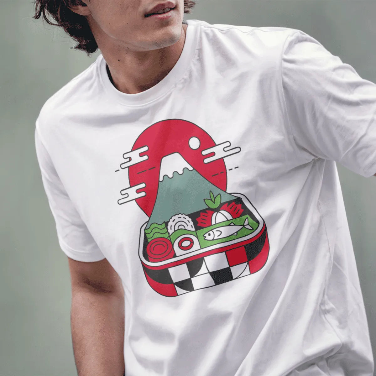 Male model wears white t-shirt with bento box, Mount Fuji, and geometric Japanese design.