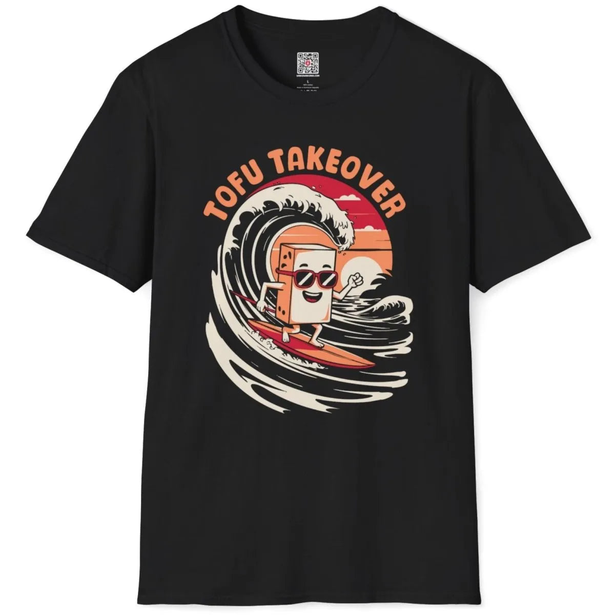 Black t-shirt flatlay with colorful tofu surfing graphic, pop art shirt style, and playful summer vibe.