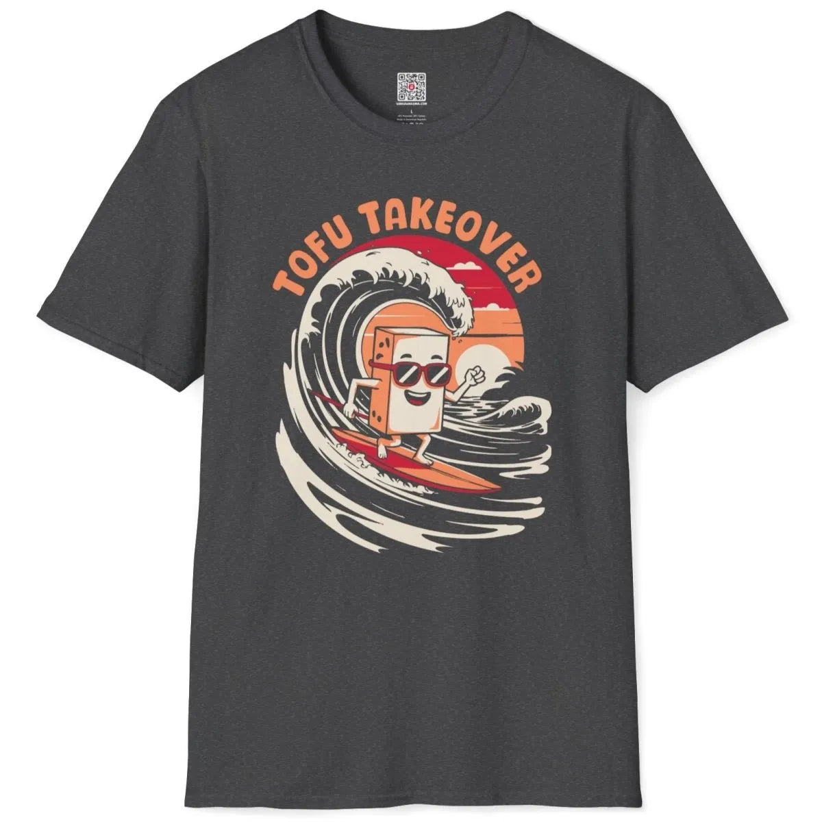 Dark heather shirt flatlay showing energetic tofu surfing design, cultural fusion, and aquatic aesthetic.