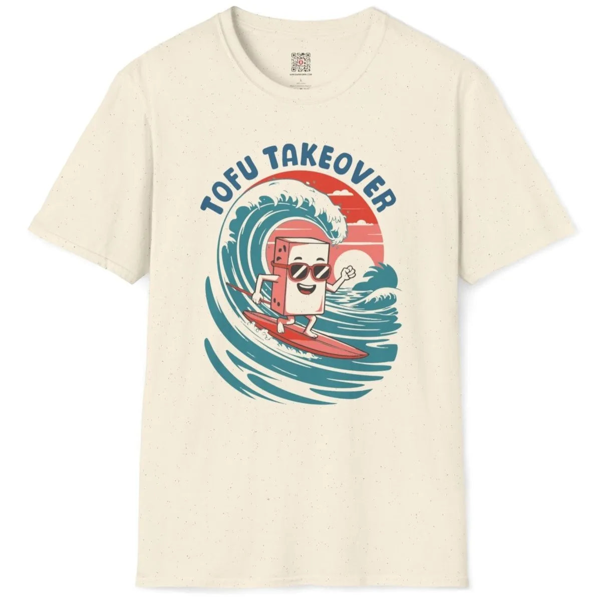Natural shirt flatlay with cartoon tofu surfing, soft palette, and humorous quote above the wave.