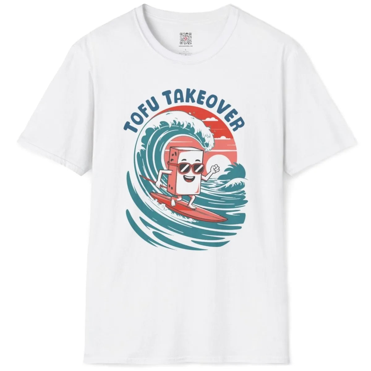 White t-shirt flatlay with lively tofu surfing scene, retro modern font, and bold blue lettering.