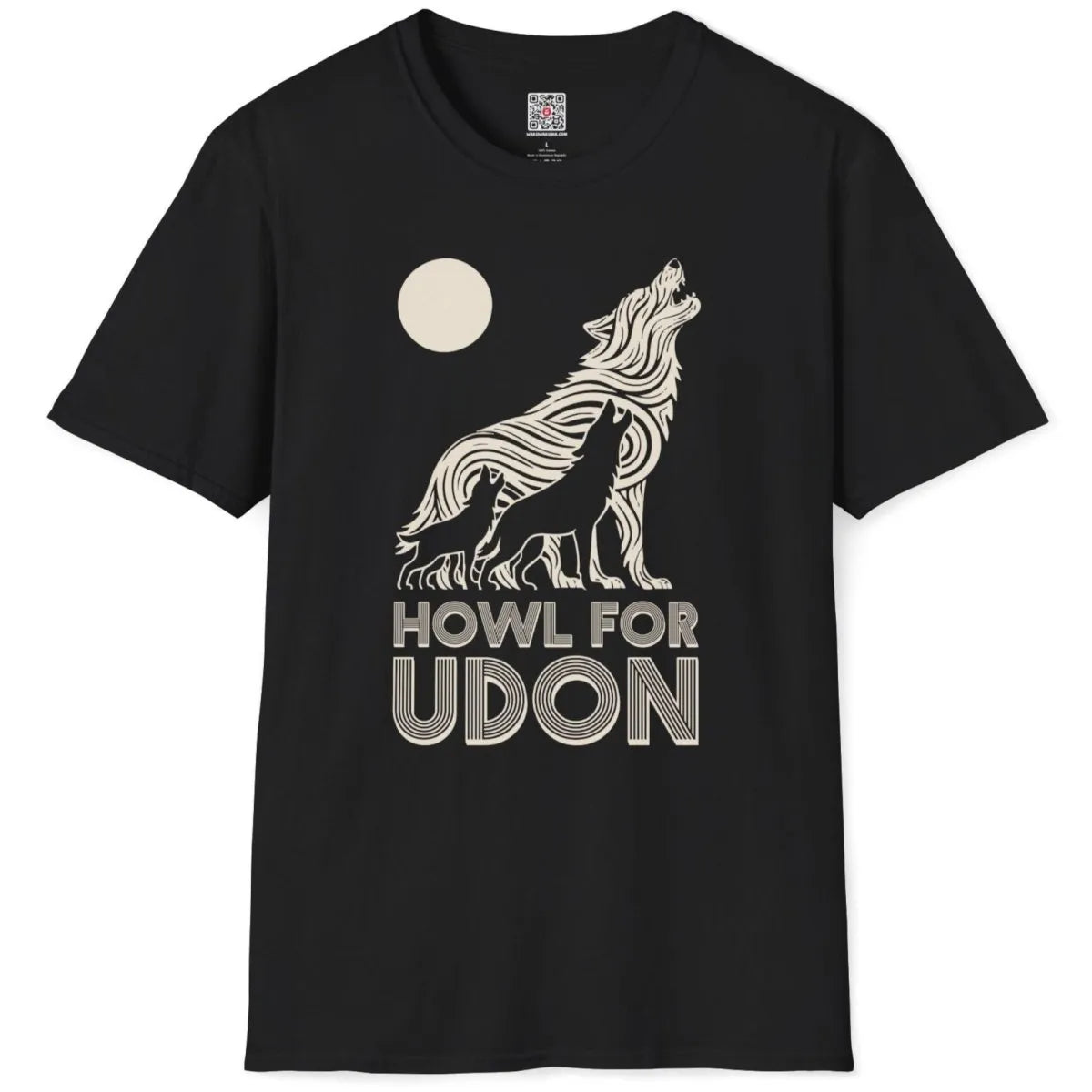 Black t-shirt flatlay featuring three howling wolves, udon noodle wolf, bold typography, japanese t-shirts.