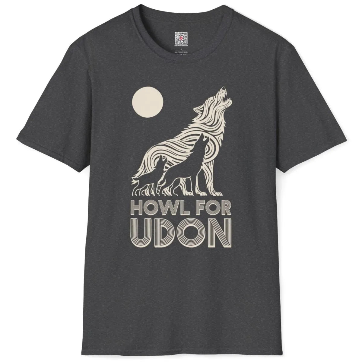 Dark heather t-shirt flatlay with three howling wolves, udon noodle wolf, bold typography, rustic charm.