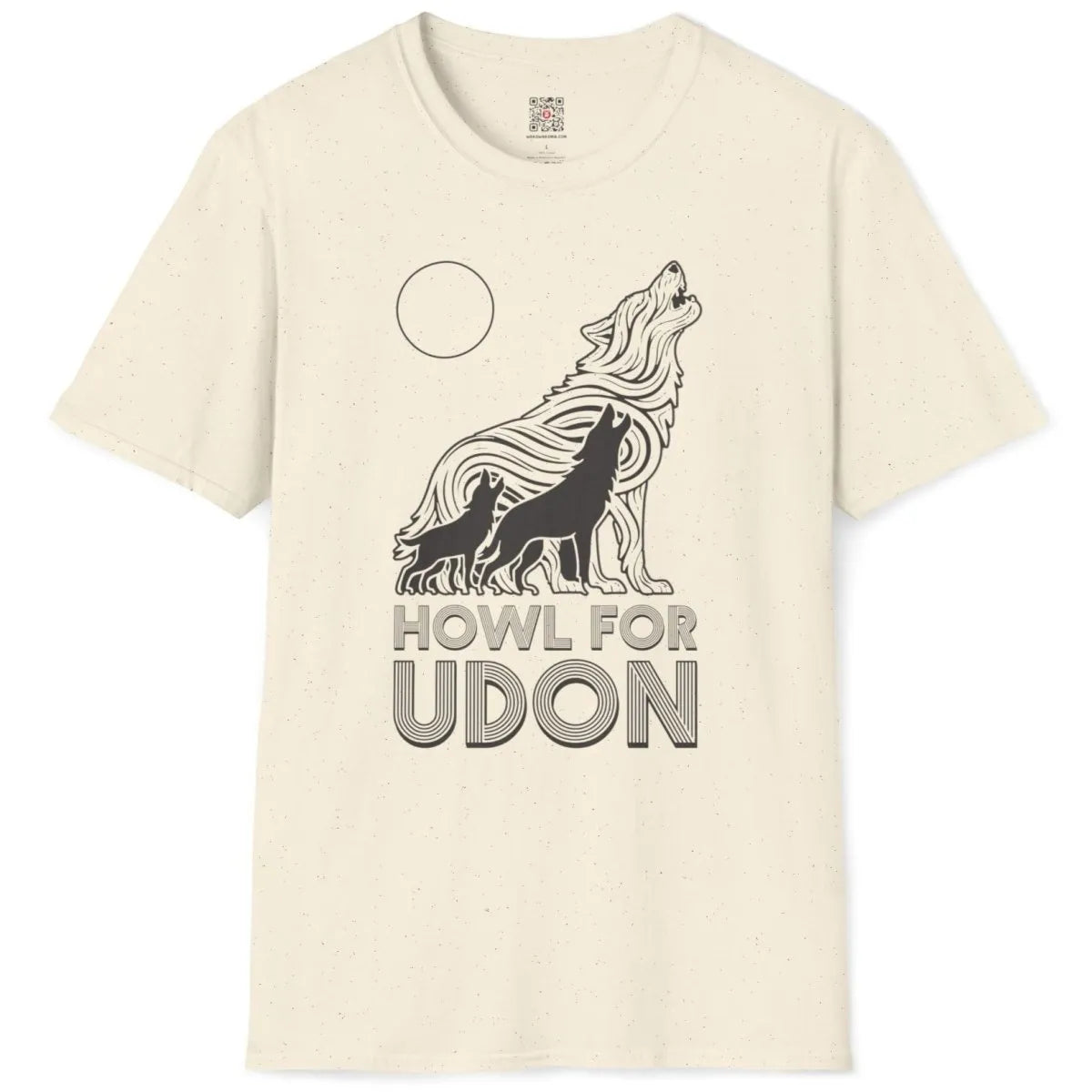 Natural t-shirt flatlay with three howling wolves, udon noodle wolf, bold typography, minimalist font.