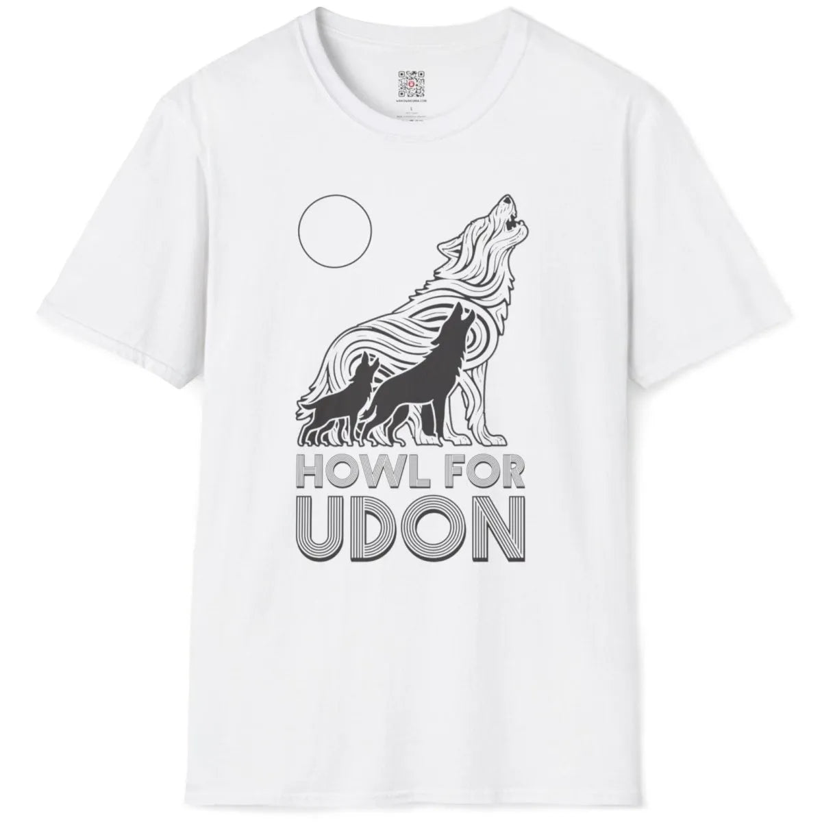 White t-shirt flatlay with three howling wolves, udon noodle wolf, bold typography, contrast art.
