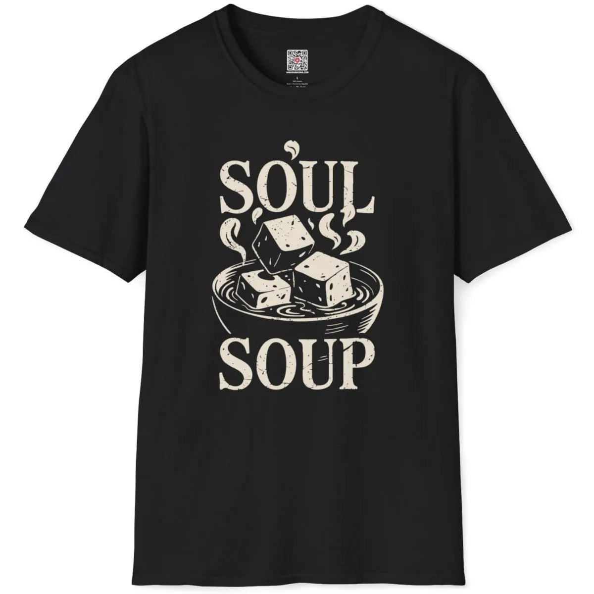 Black t-shirt flatlay featuring "SOUL SOUP" miso soup bowl, tofu, bold rustic font, japanese t-shirts.