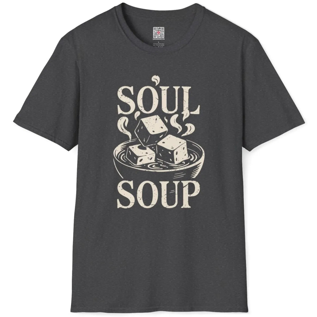Dark heather t-shirt flatlay, "SOUL SOUP" miso soup bowl, artisanal font, japanese t-shirts, cozy atmosphere.