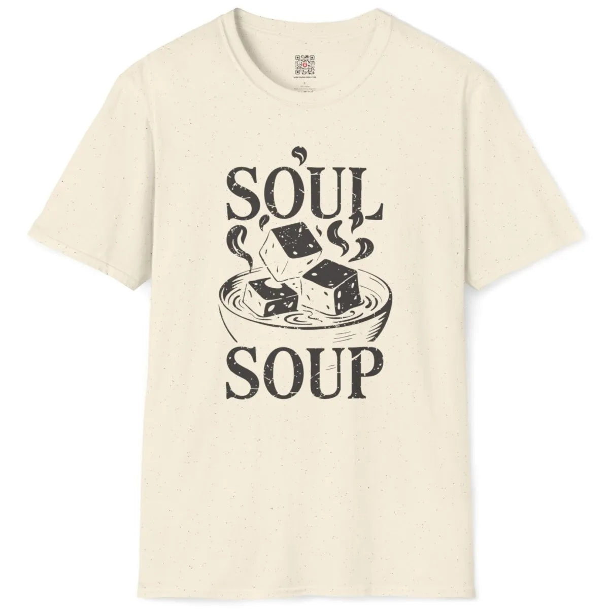 Natural t-shirt flatlay, "SOUL SOUP" miso soup bowl, tofu, hand drawn lettering, organic aesthetic.