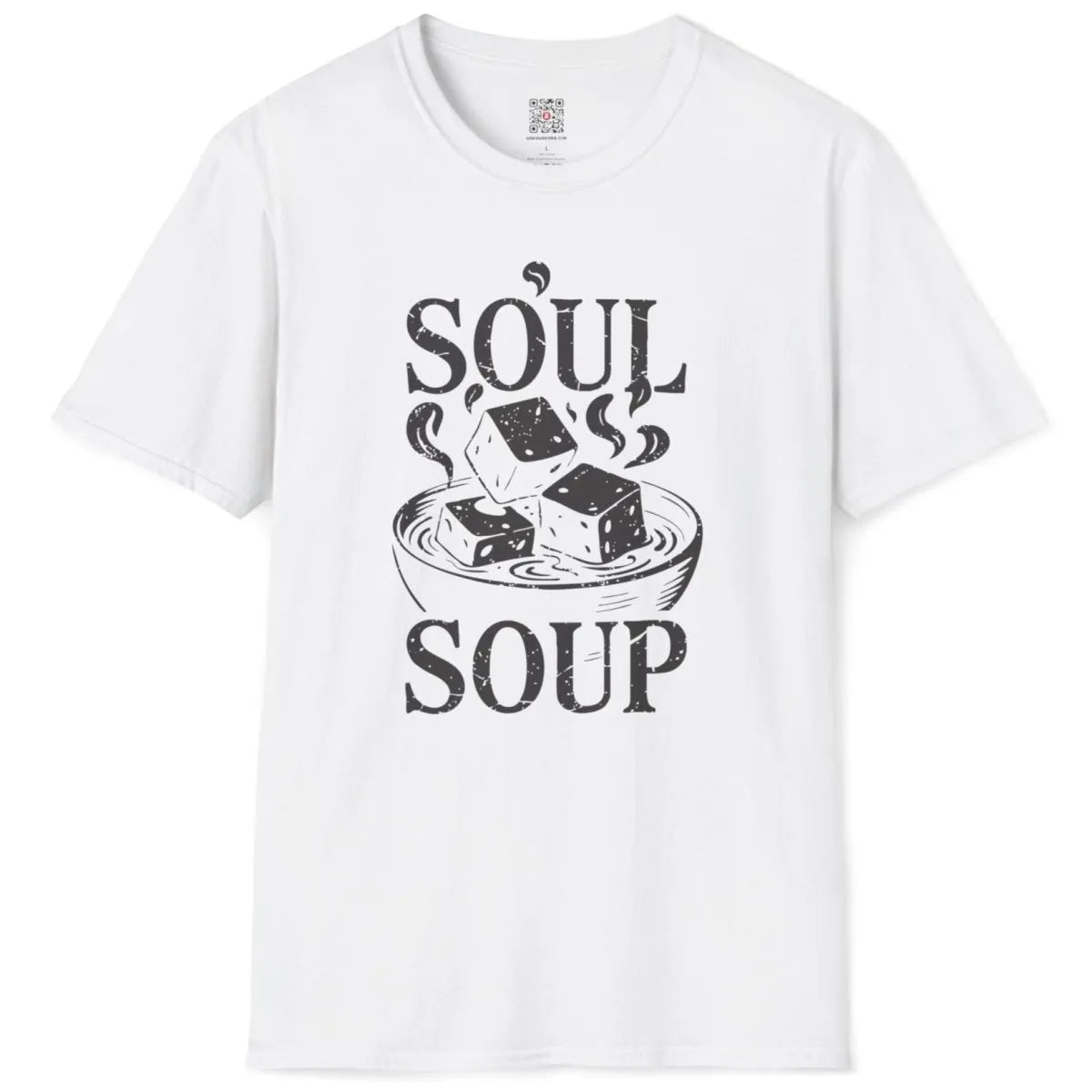 White t-shirt flatlay with "SOUL SOUP" miso soup bowl, tofu cubes, minimalist font, cozy atmosphere.