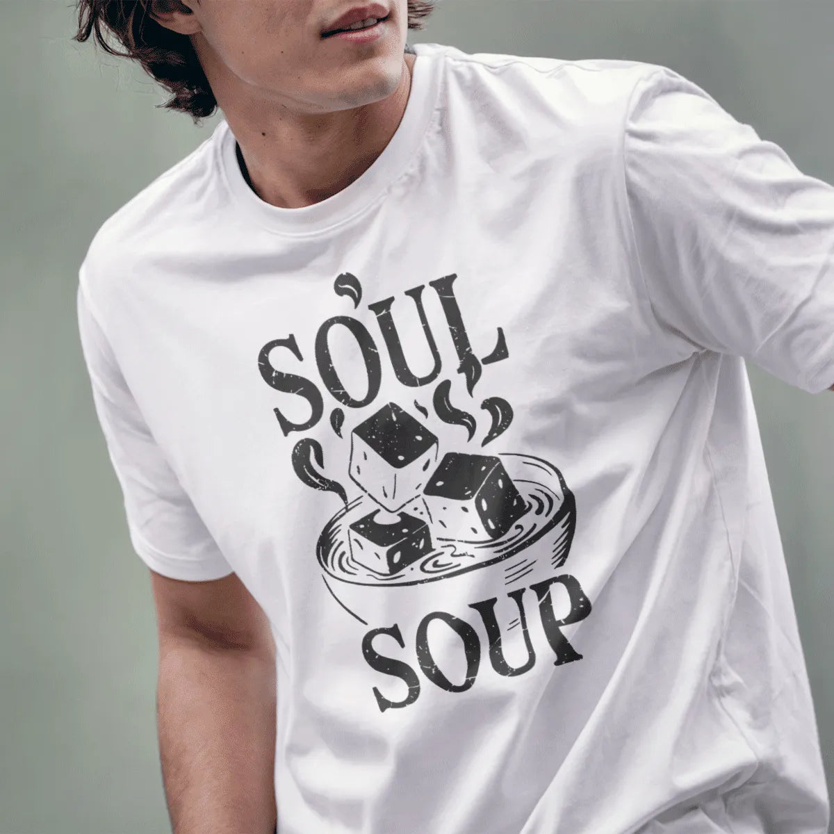 Male model wears white t-shirt with "SOUL SOUP" miso bowl design, japanese t-shirts, hand drawn lettering.