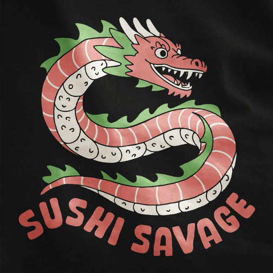 Whimsical sushi dragon and "SUSHI SAVAGE" text on black fabric, sushi t-shirt, pop art shirt.
