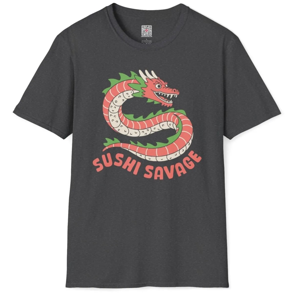 Dark heather t-shirt flatlay, sushi dragon, "SUSHI SAVAGE" text, dragon design t shirt, pop art shirt.