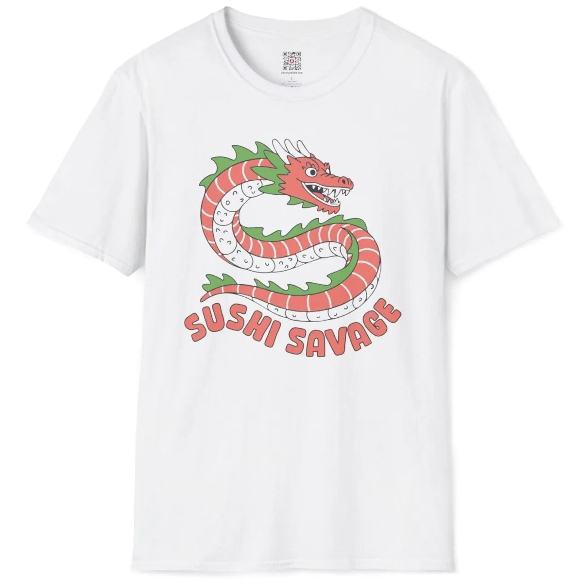 White t-shirt flatlay, playful sushi dragon, bold "SUSHI SAVAGE" text, sushi shirt, vibrant style.