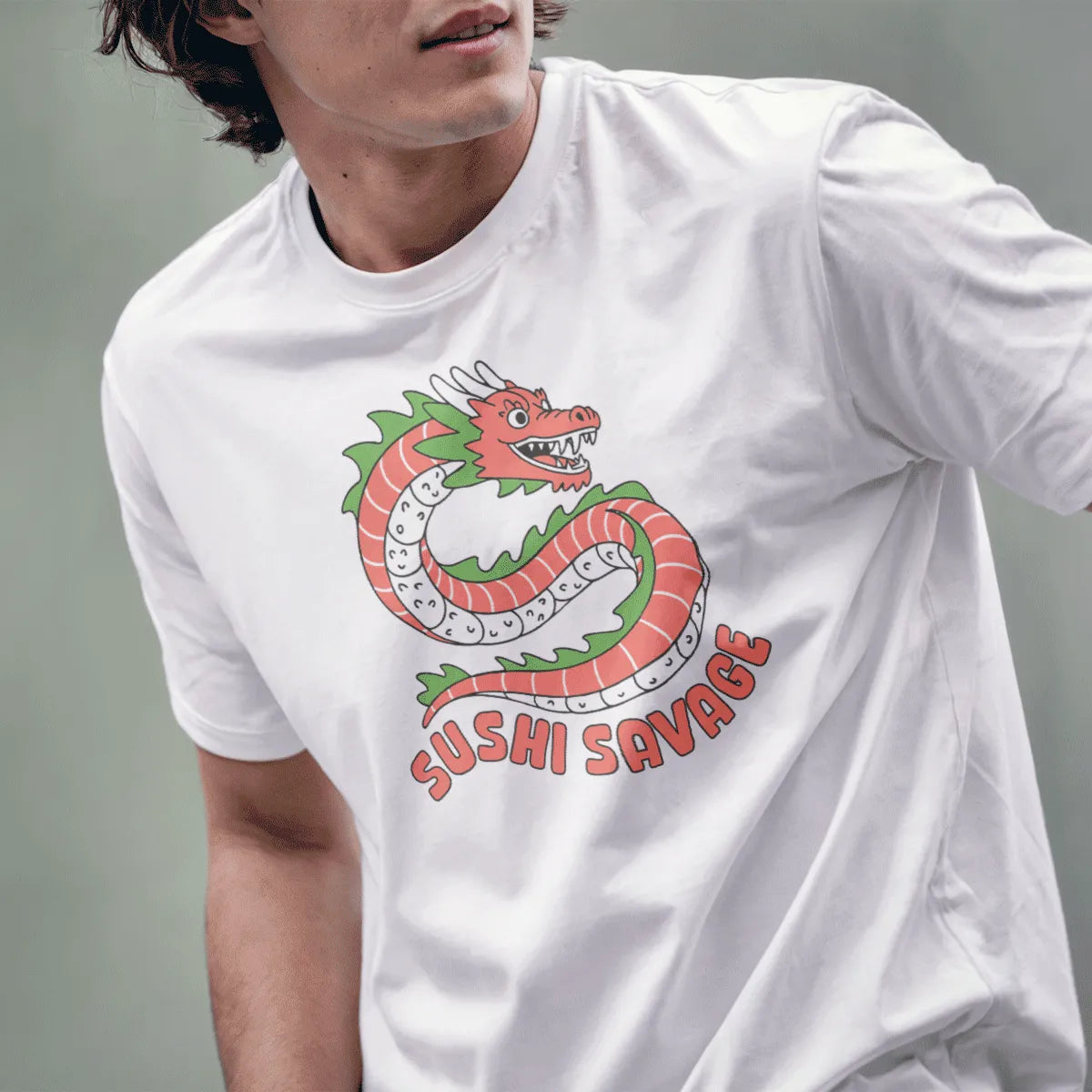Male model in white t-shirt with sushi dragon, "SUSHI SAVAGE" text, sushi shirt, japanese t-shirts.