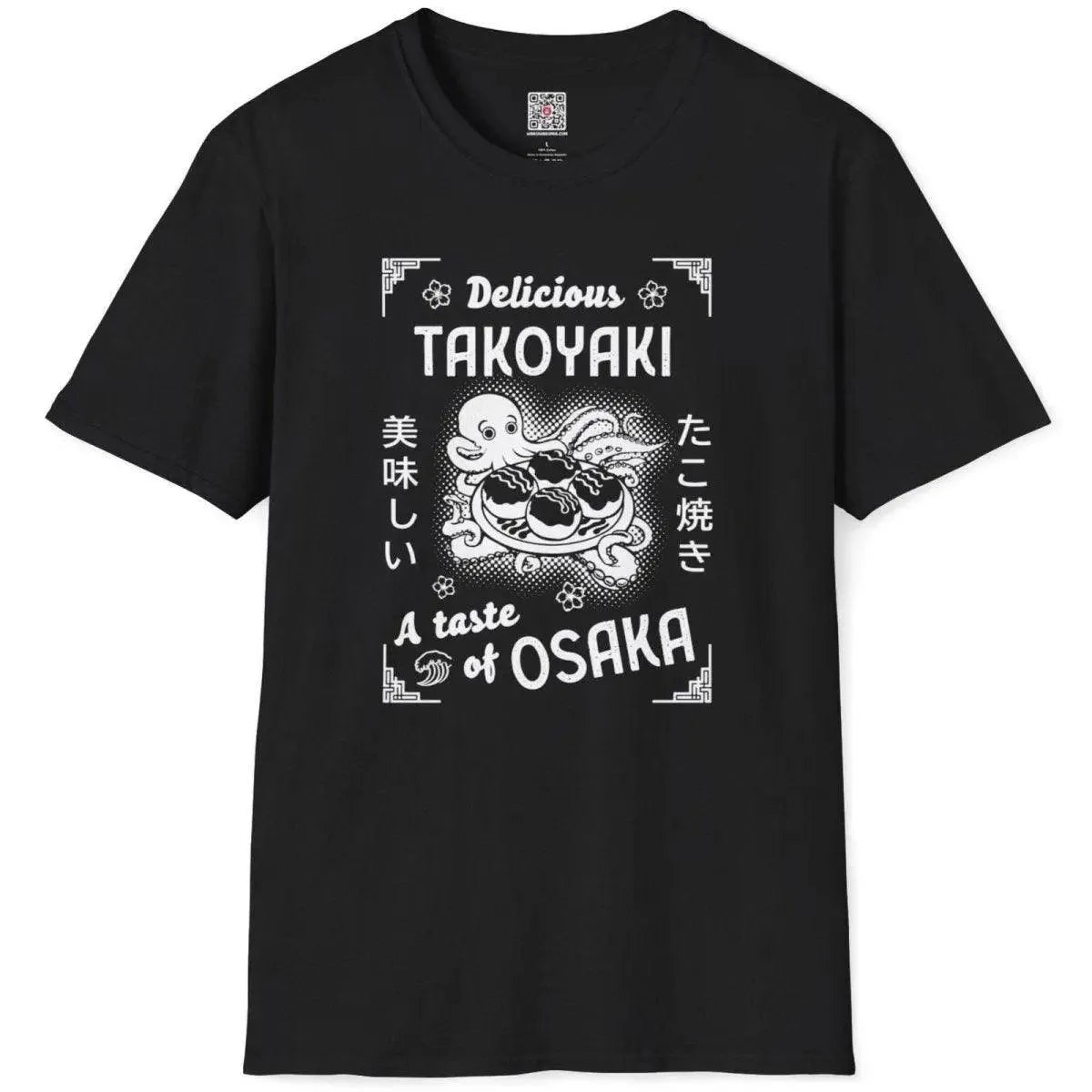 Black t-shirt flatlay with vintage-style octopus art, takoyaki balls, and Osaka streetwear flair.