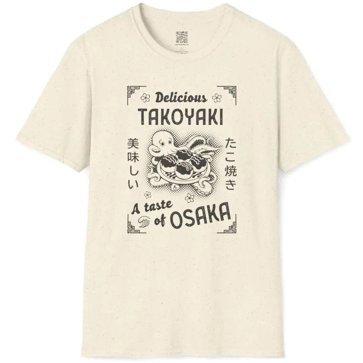 Natural t-shirt flatlay with retro octopus design, takoyaki balls, and Japanese t-shirt charm.
