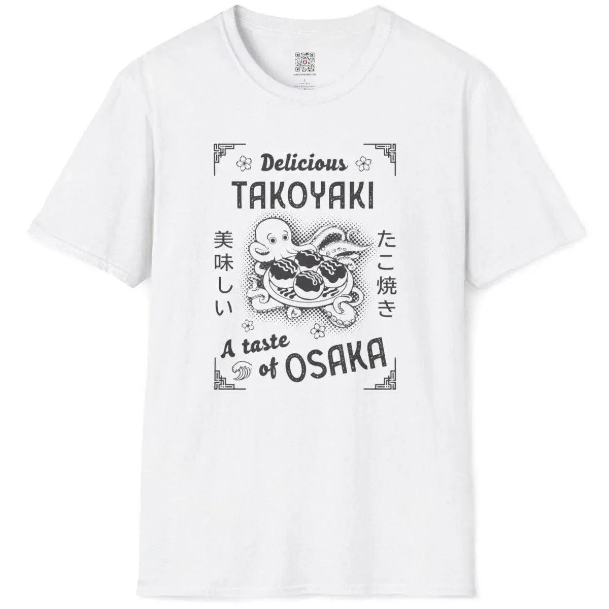 White t-shirt flatlay with bold “Delicious TAKOYAKI” typography, octopus, and cultural symbols.