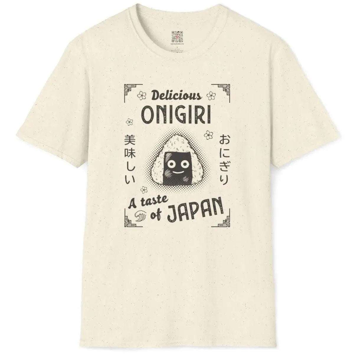 Onigiri illustration and floral motifs on natural shirt flatlay, japan aesthetic clothes, foodie style.