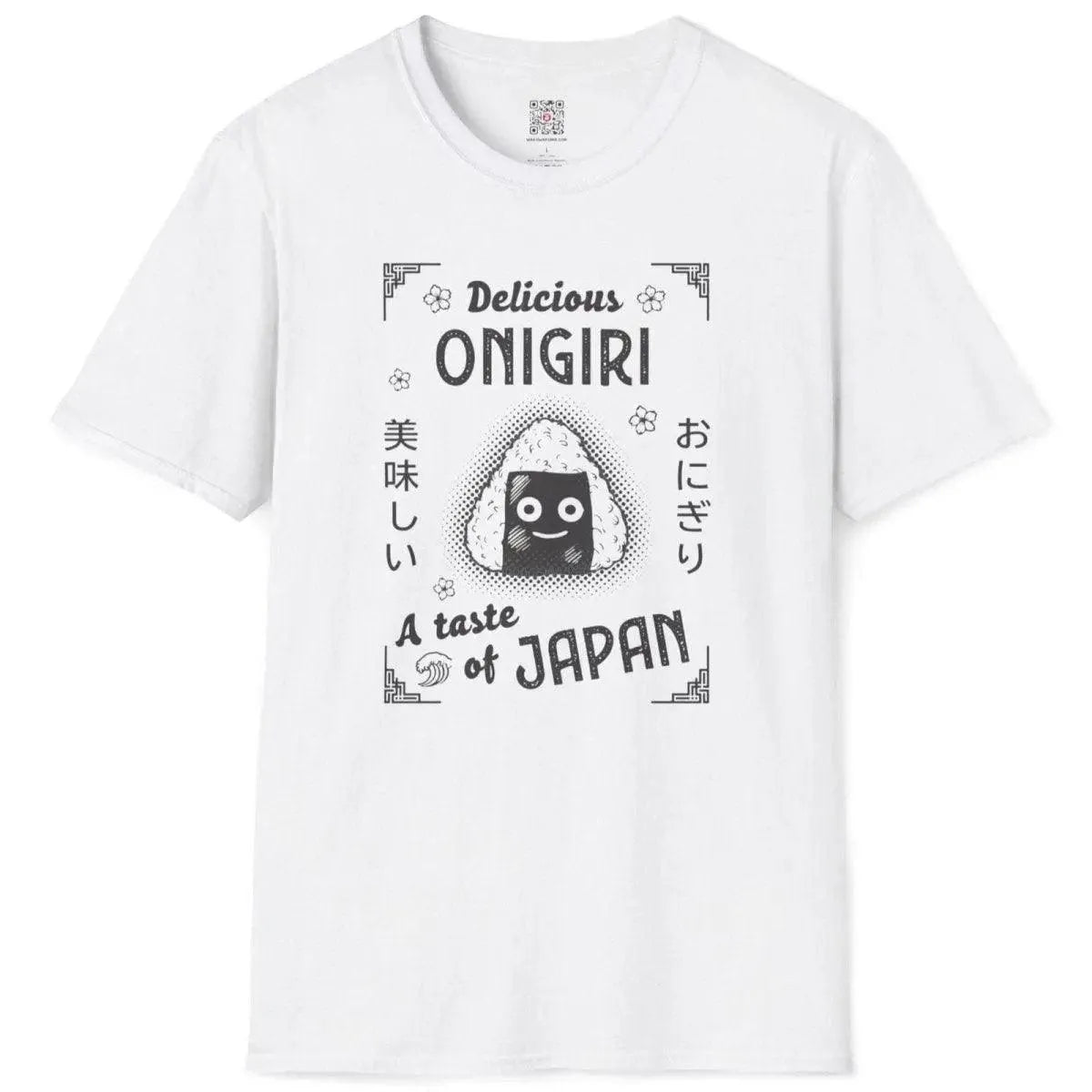 Onigiri rice ball and Japan text on white t-shirt flatlay, japanese t-shirts, foodie style.