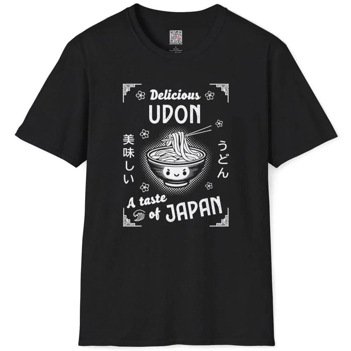 Flatlay of black t-shirt with lively udon noodle graphic, bold lettering, and Japanese text, cool design for shirts.