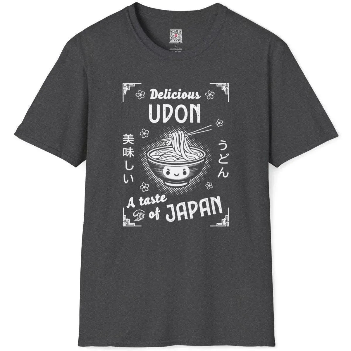 Dark heather t-shirt flatlay with playful udon design, bold text, and Japanese decorative elements, japan shirts.