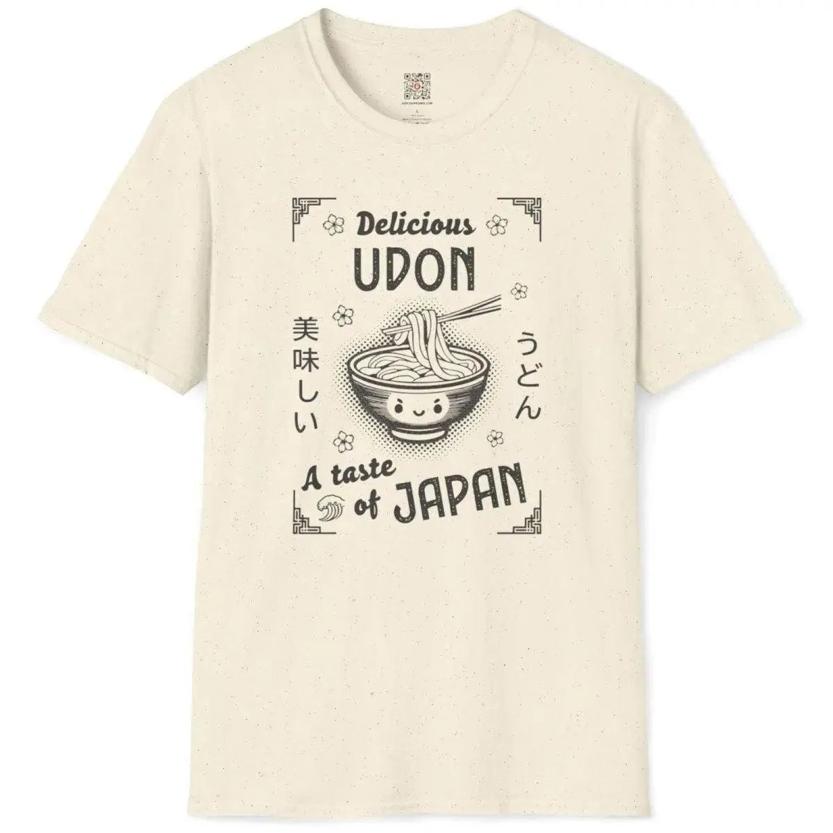 Natural t-shirt flatlay showing whimsical udon bowl, floral motifs, and Japanese characters, japanese t-shirts.