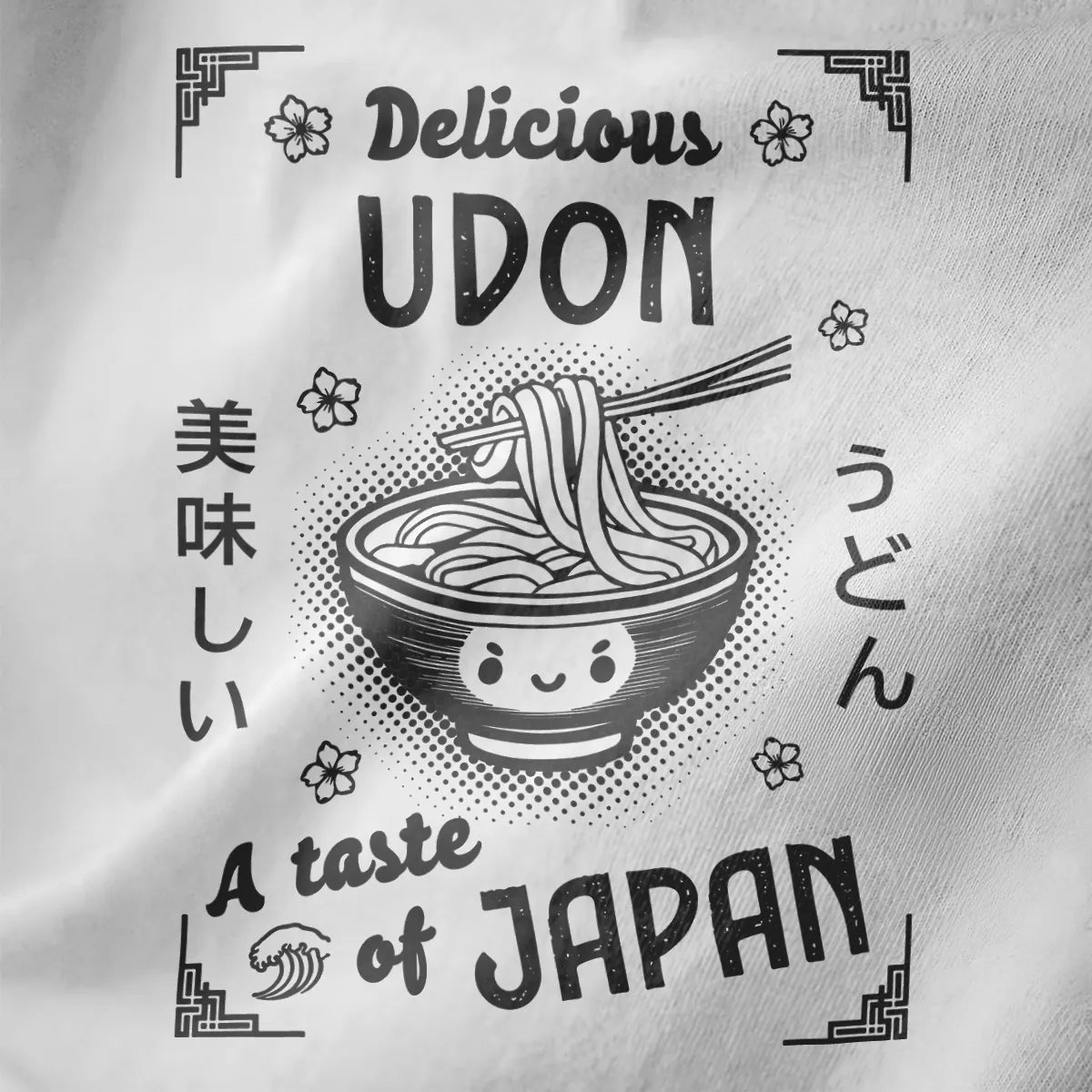 Playful udon bowl with cartoon eyes and floral motifs on white t-shirt fabric, japanese t shirts, foodie style.