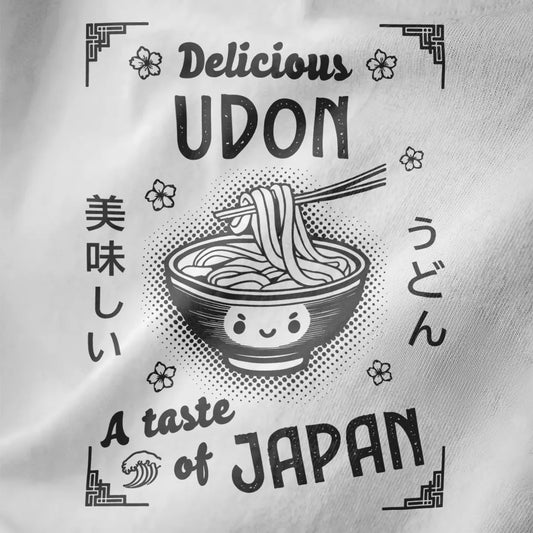 Playful udon bowl with cartoon eyes and floral motifs on white t-shirt fabric, japanese t shirts, foodie style.