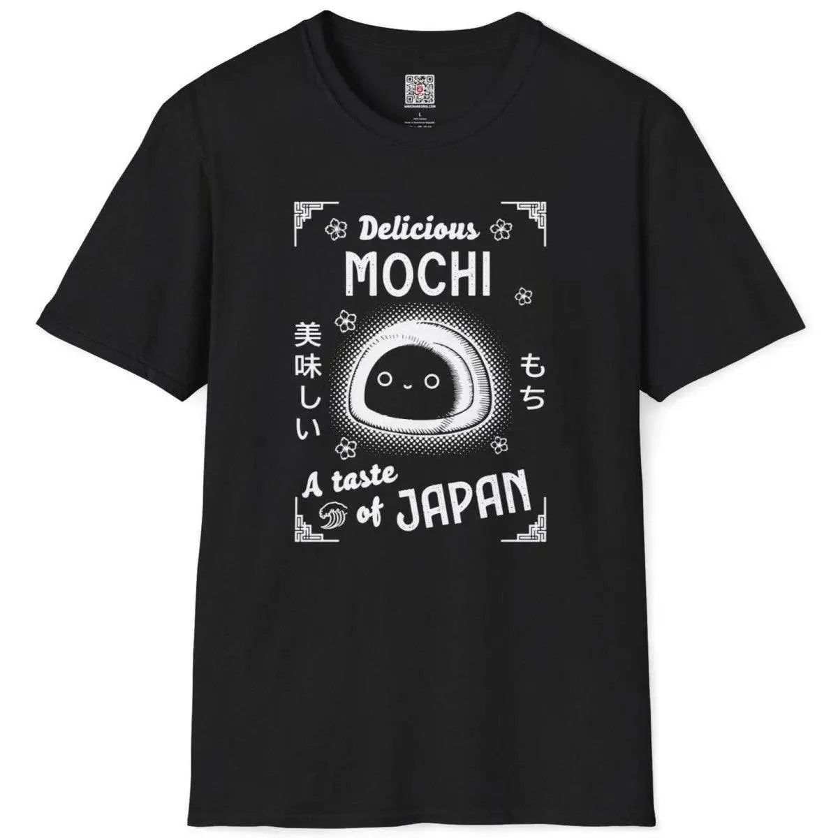 Black flatlay t-shirt featuring cheerful mochi graphic and "A taste of JAPAN," japanese t shirts.