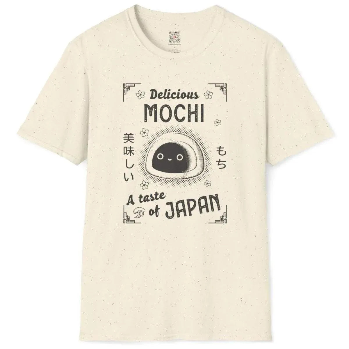 Natural flatlay t-shirt with sweet mochi design, cute eyes, and elegant floral details, japanese shirts.