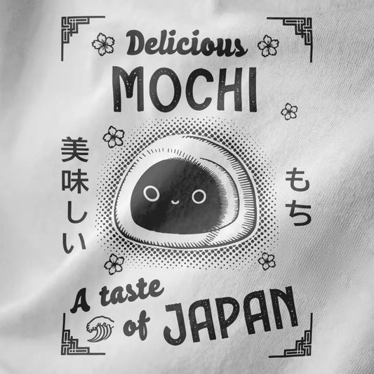 Cute mochi character with glossy finish and floral motifs on white fabric, japan t shirt design, foodie style.