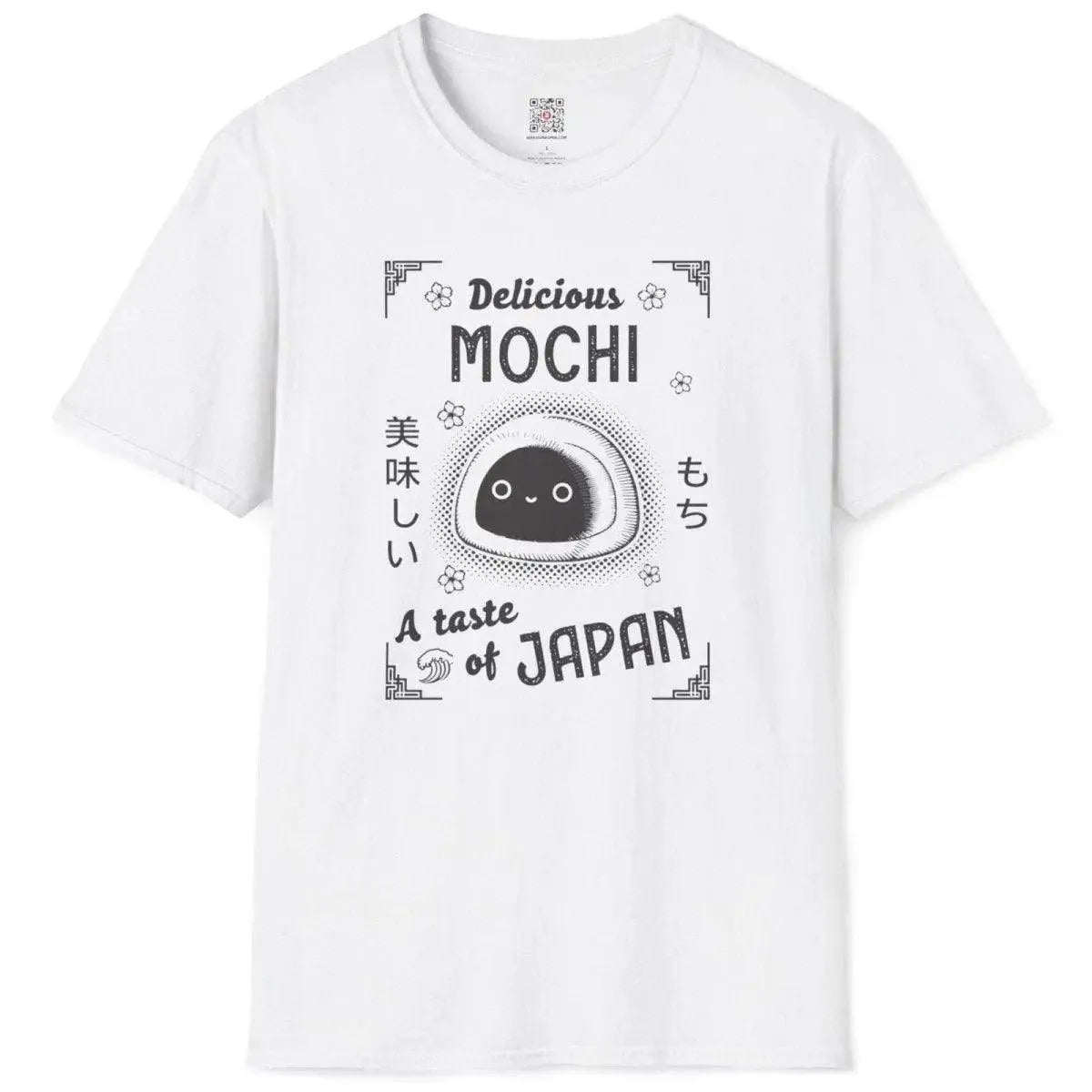 White flatlay t-shirt with kawaii mochi, bold lettering, and floral accents, japan cultural clothing.