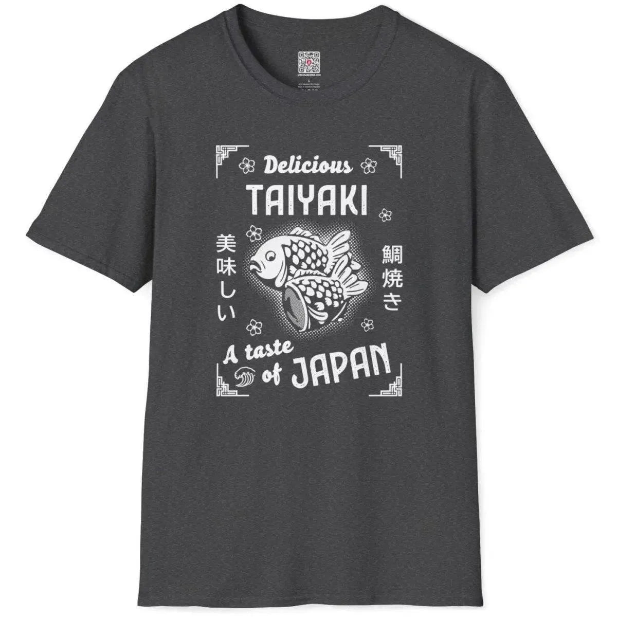 Dark heather flatlay tee with playful taiyaki design and floral details, japanese shirts, kawaii clothes.