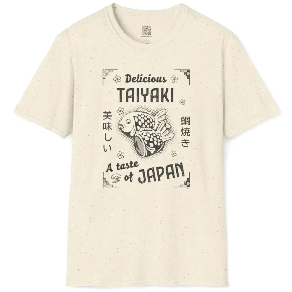 Natural flatlay t-shirt with artistic taiyaki, cherry blossoms, and cultural text, japanese t shirt design graphic.