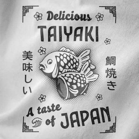 Detailed taiyaki illustration with cherry blossoms on white fabric, japanese t shirt, foodie style.