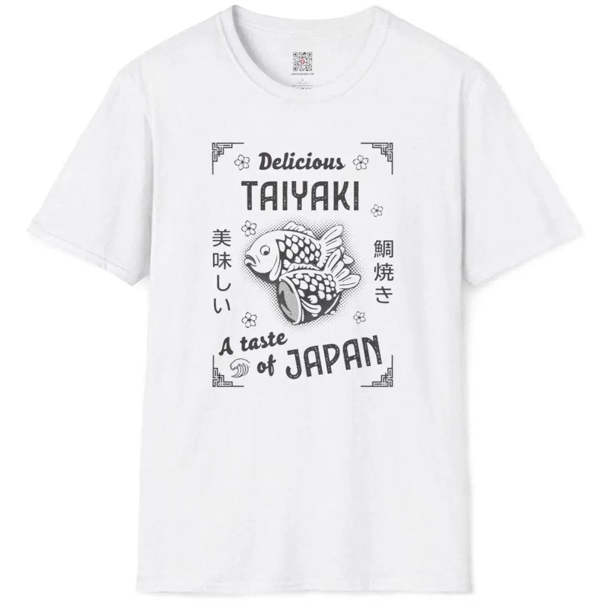 White flatlay t-shirt featuring detailed taiyaki, bold fonts, and Japanese characters, japan cultural clothing.