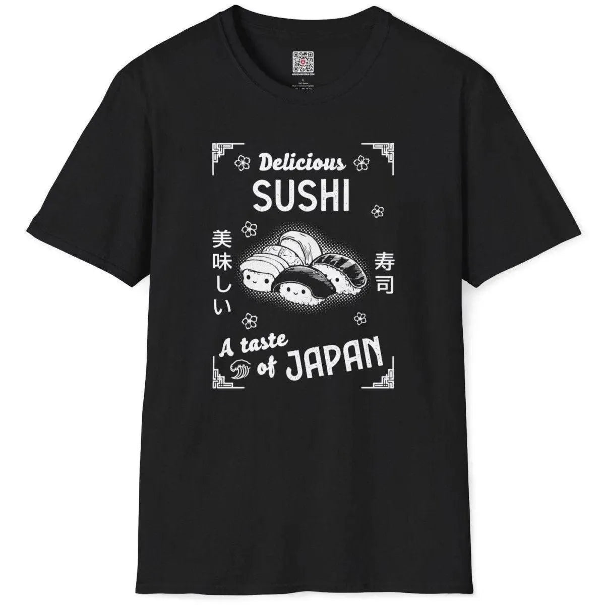 Flat black t-shirt with sushi trio, stylized font, and Japanese motifs, t shirt design graphic, japanese t shirt.