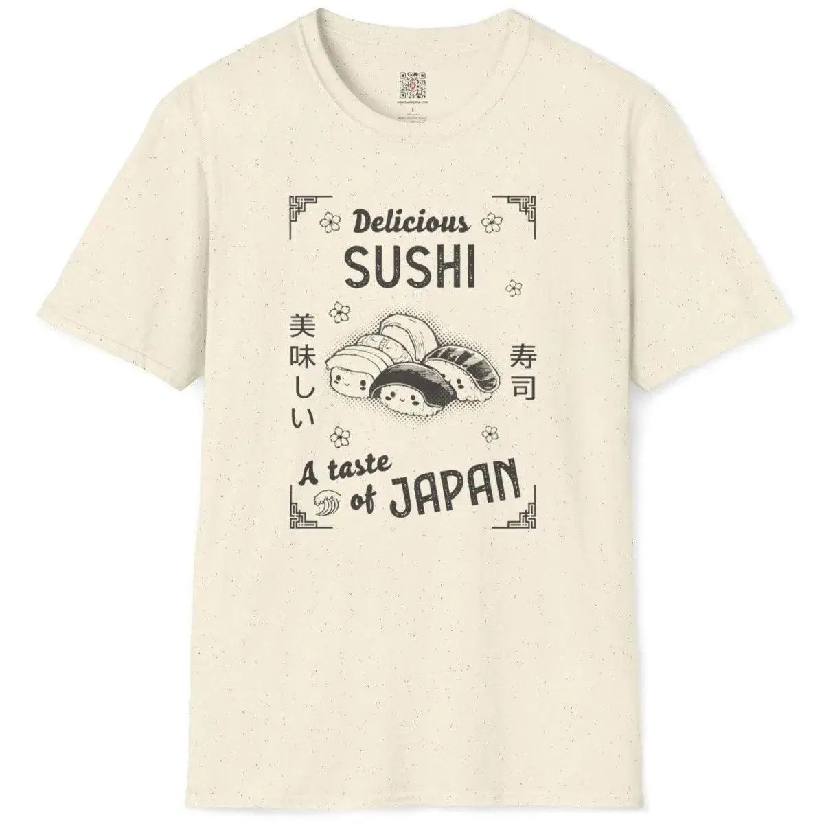 Flat natural shirt with colorful sushi trio, Japanese characters, and floral wave border, japanese shirts.